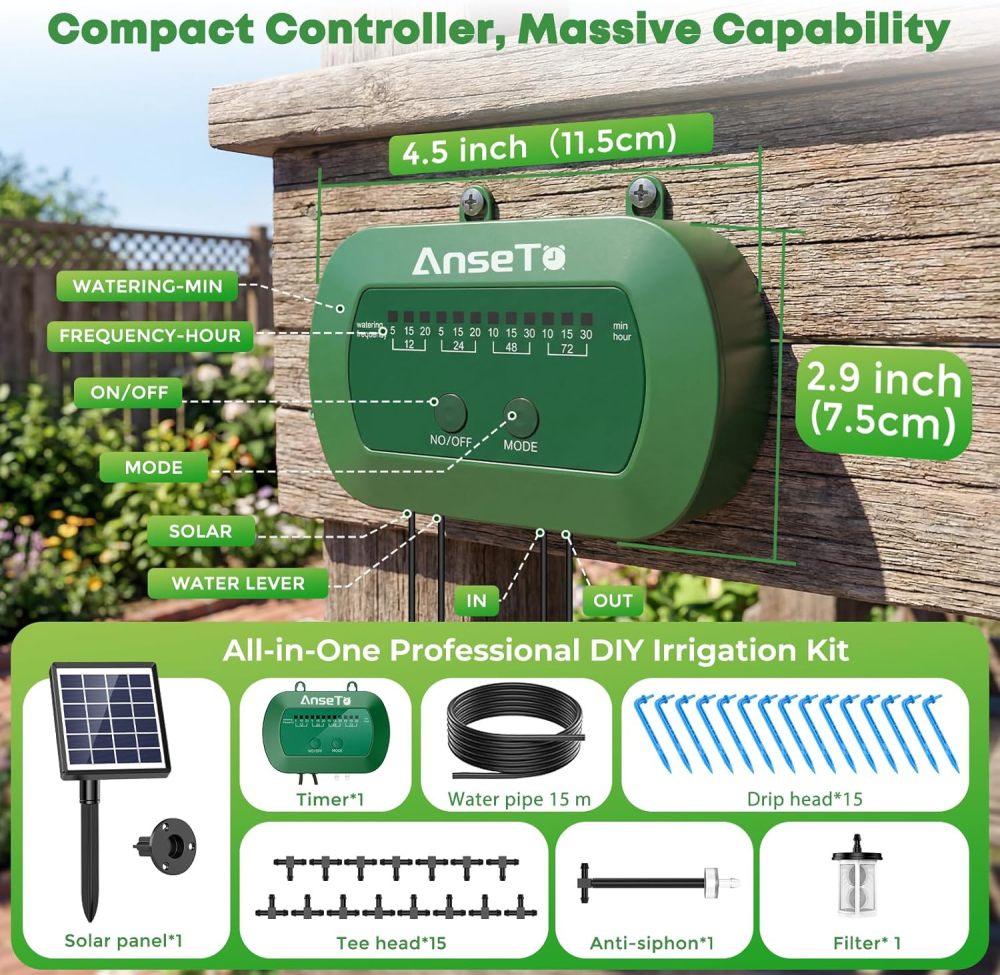 Sistema de riego por goteo solar, kit de riego automático con diseño dividido y válvula antisifón, sistema de riego de jardín de 12 modos con manguera de 49 pies para 15 plantas en maceta, patio, balcón e invernadero