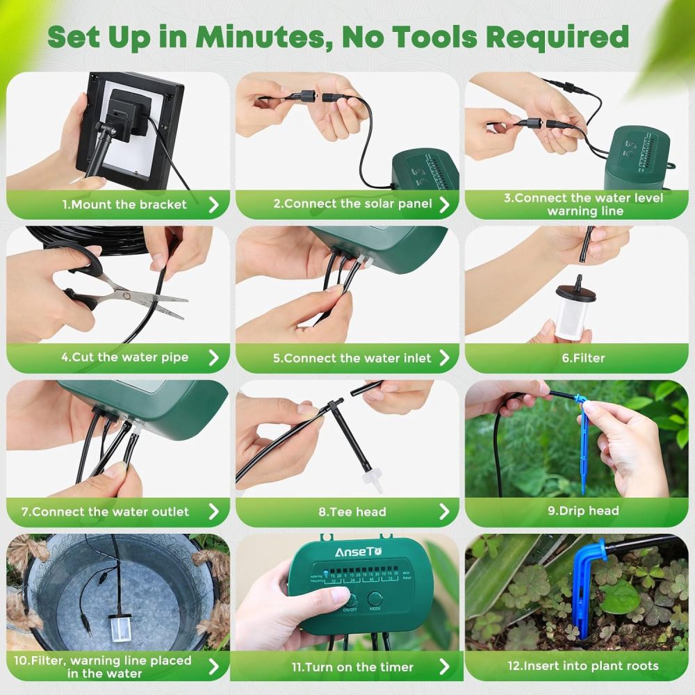 Sistema de riego por goteo solar, kit de riego automático con diseño dividido y válvula antisifón, sistema de riego de jardín de 12 modos con manguera de 49 pies para 15 plantas en maceta, patio, balcón e invernadero