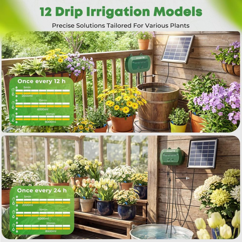 Sistema de riego por goteo solar, kit de riego automático con diseño dividido y válvula antisifón, sistema de riego de jardín de 12 modos con manguera de 49 pies para 15 plantas en maceta, patio, balcón e invernadero
