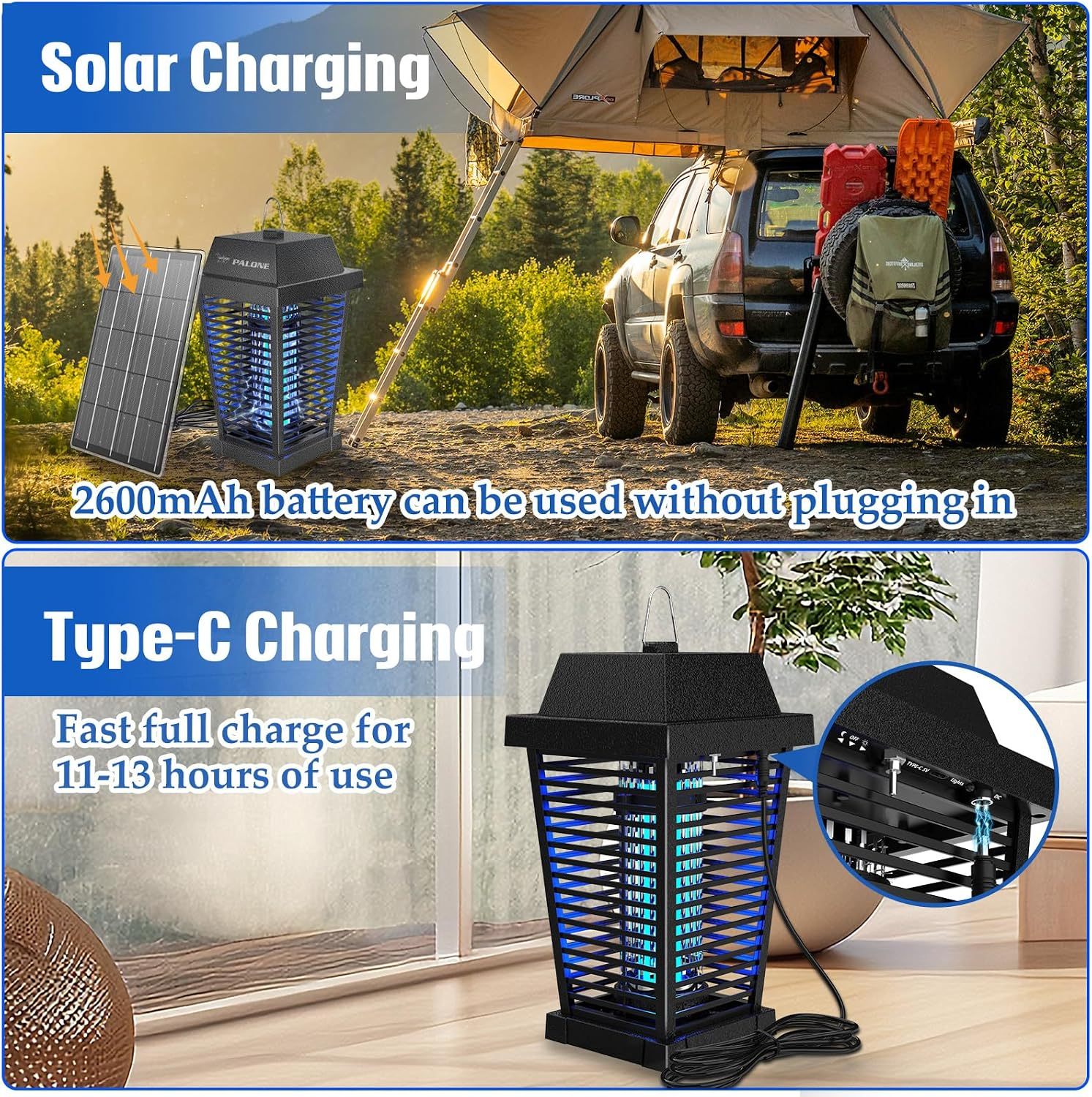PALONE 4500V Solar Bug Zapper Outdoor, Electric Mosquito Zapper Indoor | 7.5W Solar Panel with 3.6m Cable, 2600 mAh Electric Bug zapper for Backyards, Patios, Camping and Farms