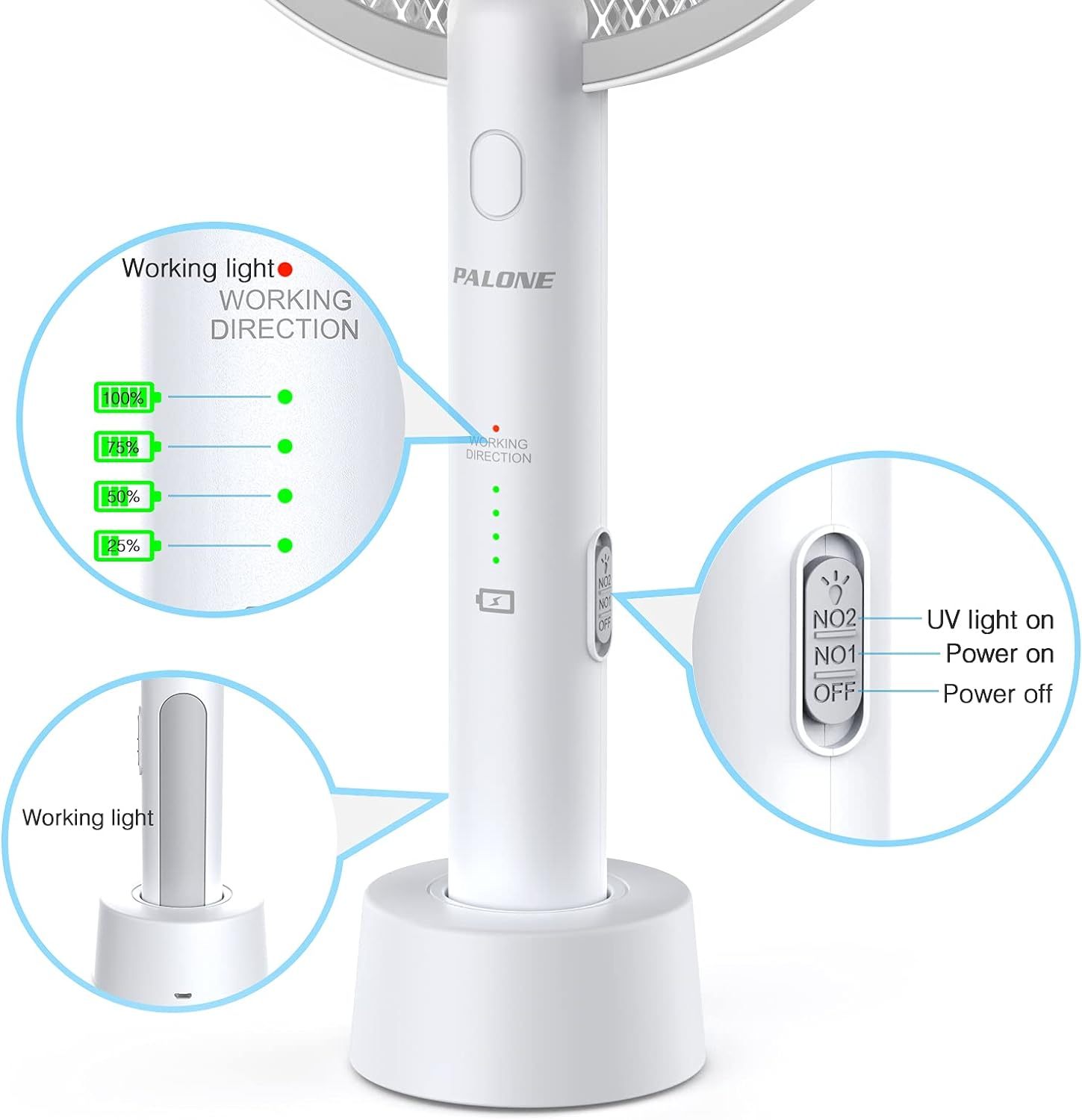 PALONE Electric Fly Swatter Racket, Bug Zapper Racket with Charging Dock | 2 Modes, 3 Layers Safety Mesh, Rechargeable, Fly Zapper Indoor Outdoor for home Camping Yard, White 1P