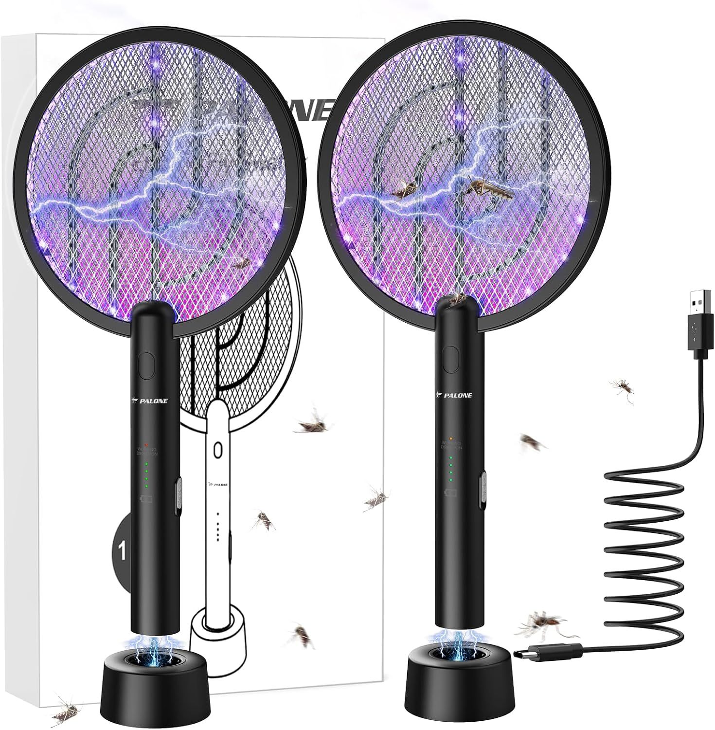 PALONE Electric Fly Swatter Racket, Bug Zapper Racket with Charging Dock | 2 Modes, 3 Layers Safety Mesh, Rechargeable, Fly Zapper Indoor Outdoor for home Camping Yard