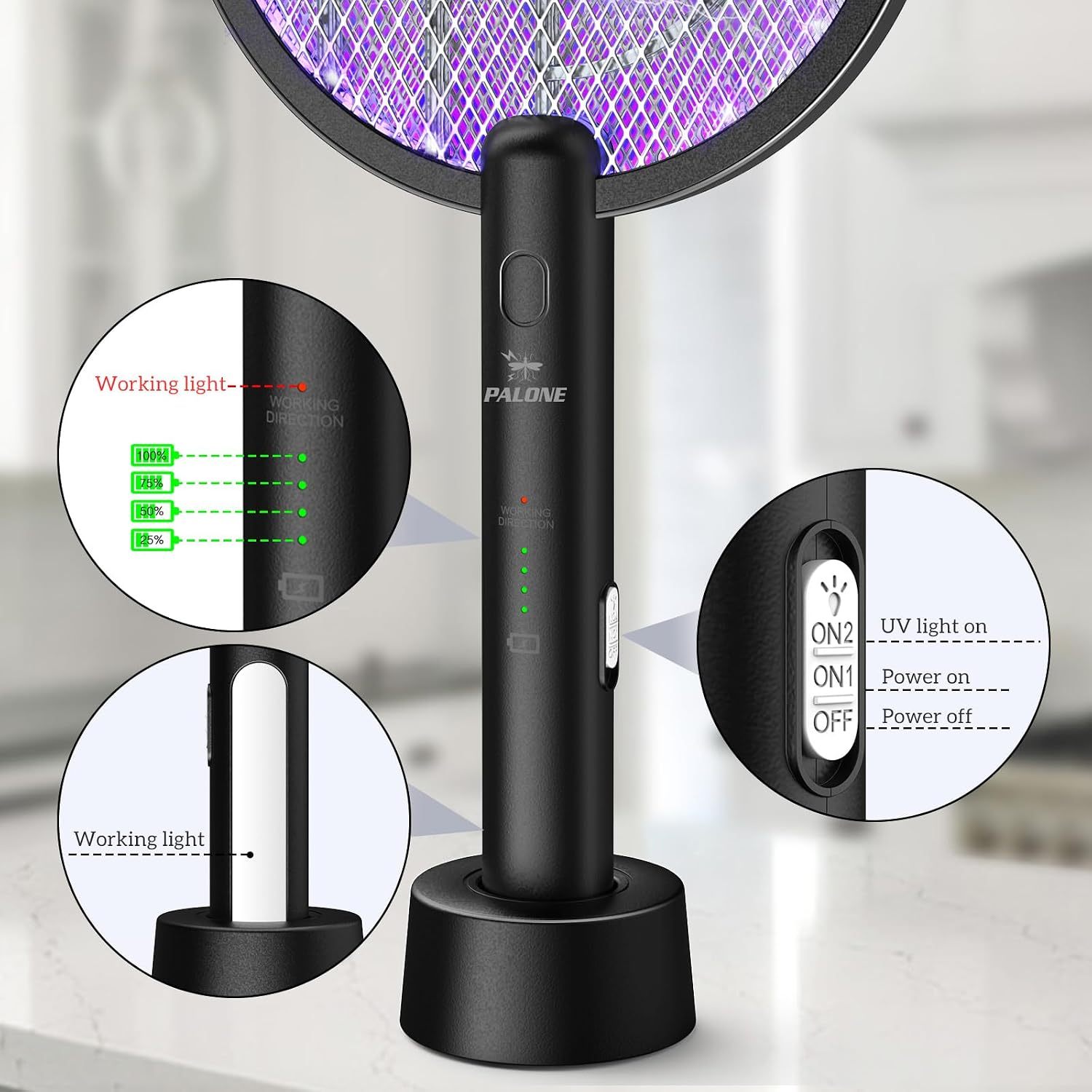 PALONE Electric Fly Swatter Racket, Bug Zapper Racket with Charging Dock | 2 Modes, 3 Layers Safety Mesh, Rechargeable, Fly Zapper Indoor Outdoor for home Camping Yard