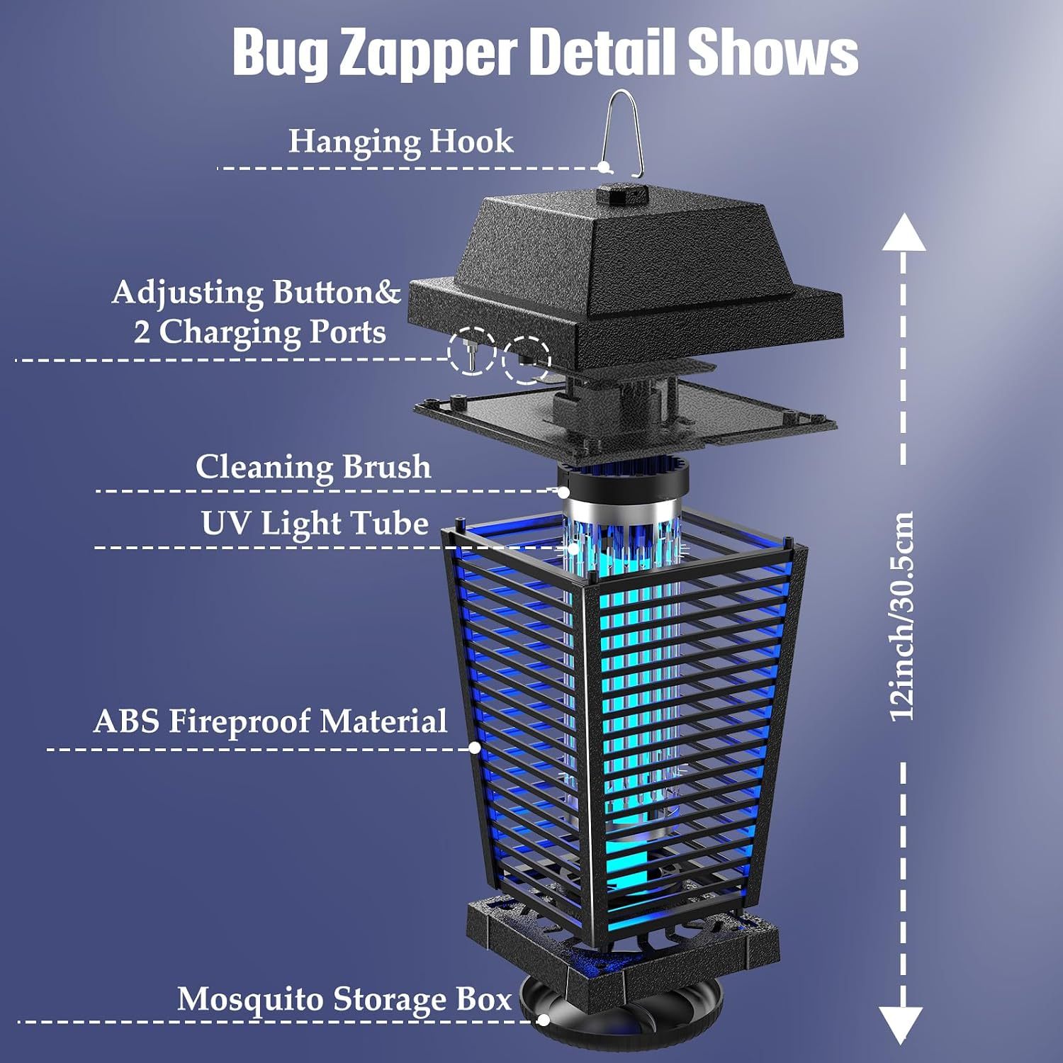PALONE 4500V Solar Bug Zapper Outdoor, Electric Mosquito Zapper Indoor | 7.5W Solar Panel with 3.6m Cable, 2600 mAh Electric Bug zapper for Backyards, Patios, Camping and Farms
