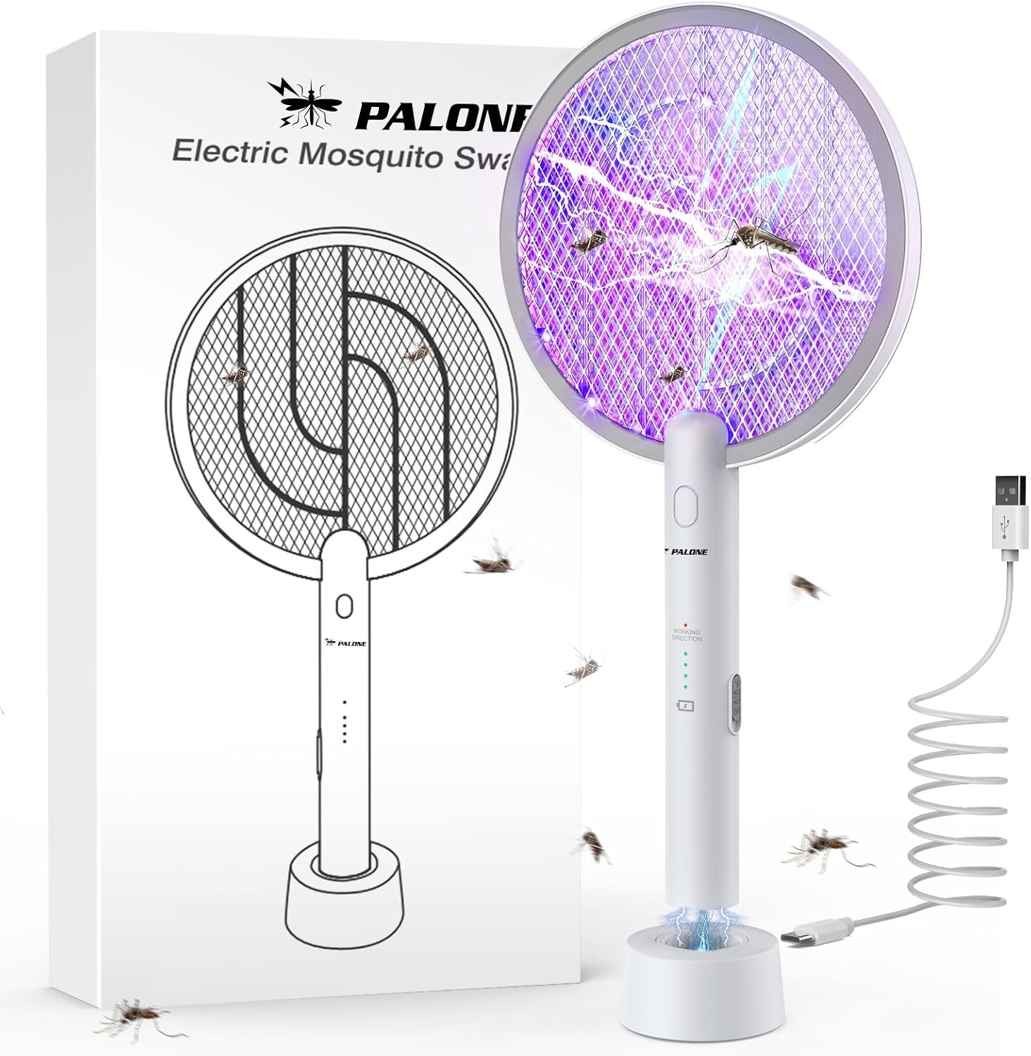 PALONE Electric Fly Swatter Racket, Bug Zapper Racket with Charging Dock | 2 Modes, 3 Layers Safety Mesh, Rechargeable, Fly Zapper Indoor Outdoor for home Camping Yard, White 1P