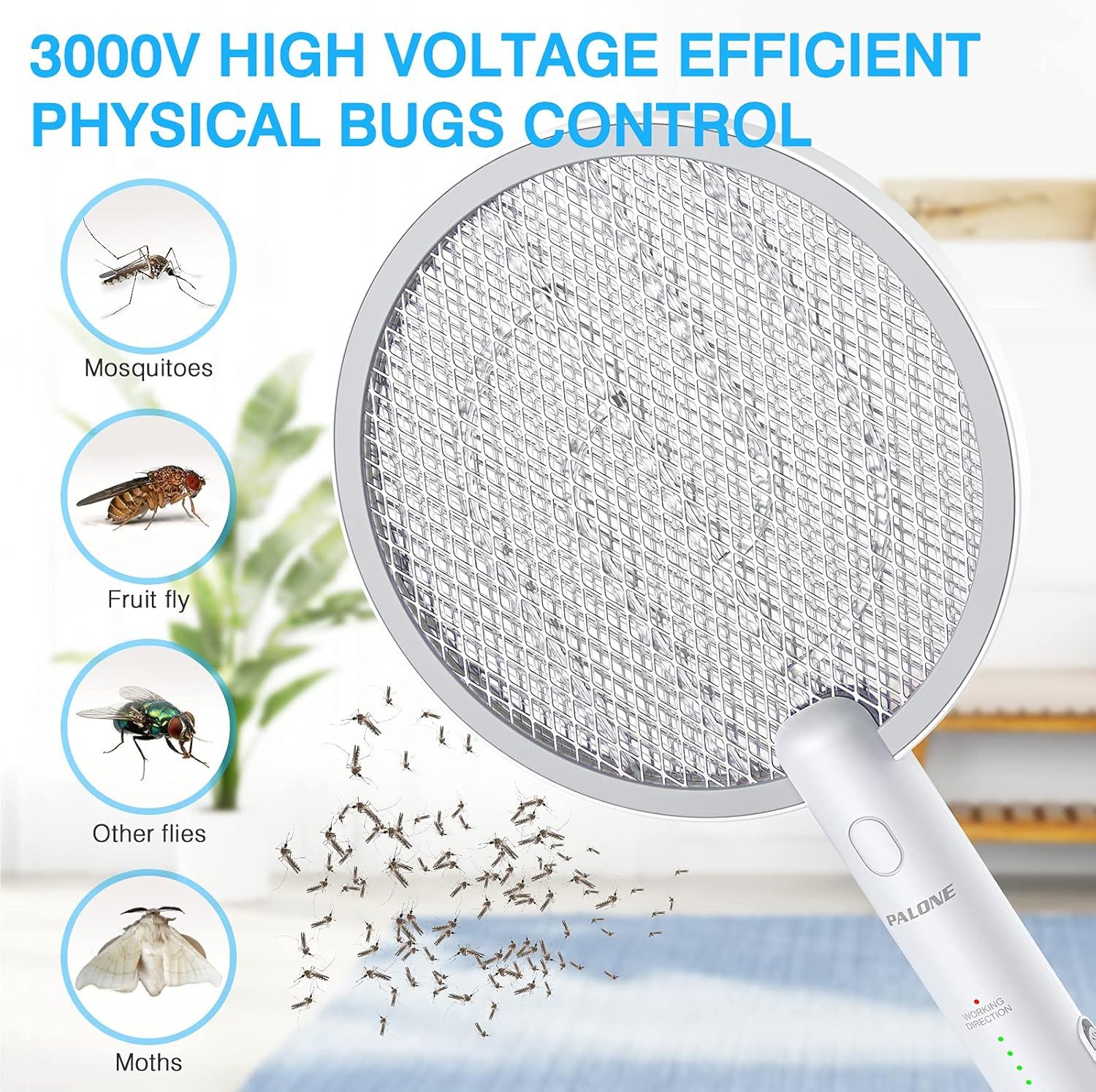 PALONE Electric Fly Swatter Racket, Bug Zapper Racket with Charging Dock | 2 Modes, 3 Layers Safety Mesh, Rechargeable, Fly Zapper Indoor Outdoor for home Camping Yard, White 2P