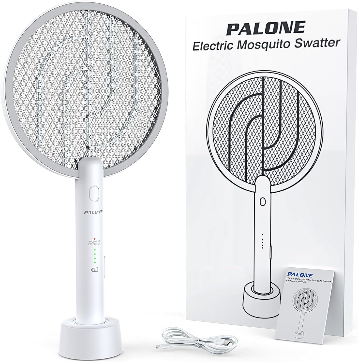 PALONE Electric Fly Swatter Racket, Bug Zapper Racket with Charging Dock | 2 Modes, 3 Layers Safety Mesh, Rechargeable, Fly Zapper Indoor Outdoor for home Camping Yard, White 1P