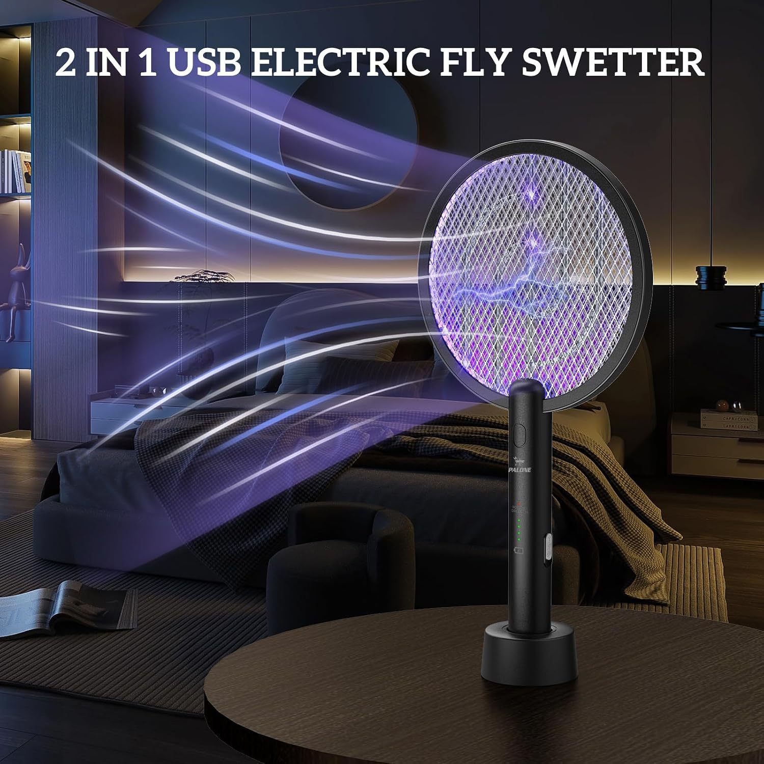 PALONE Electric Fly Swatter Racket, Bug Zapper Racket with Charging Dock | 2 Modes, 3 Layers Safety Mesh, Rechargeable, Fly Zapper Indoor Outdoor for home Camping Yard