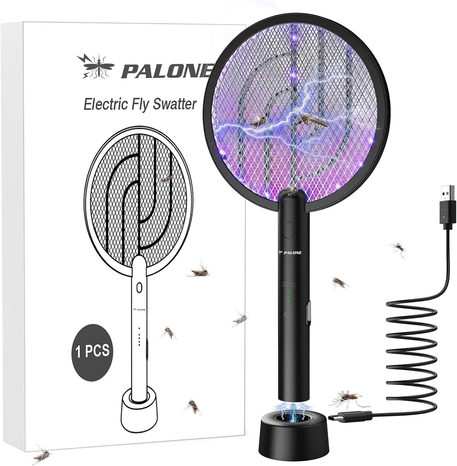 PALONE Electric Fly Swatter Racket, Bug Zapper Racket with Charging Dock (Deep Black, 1 P)