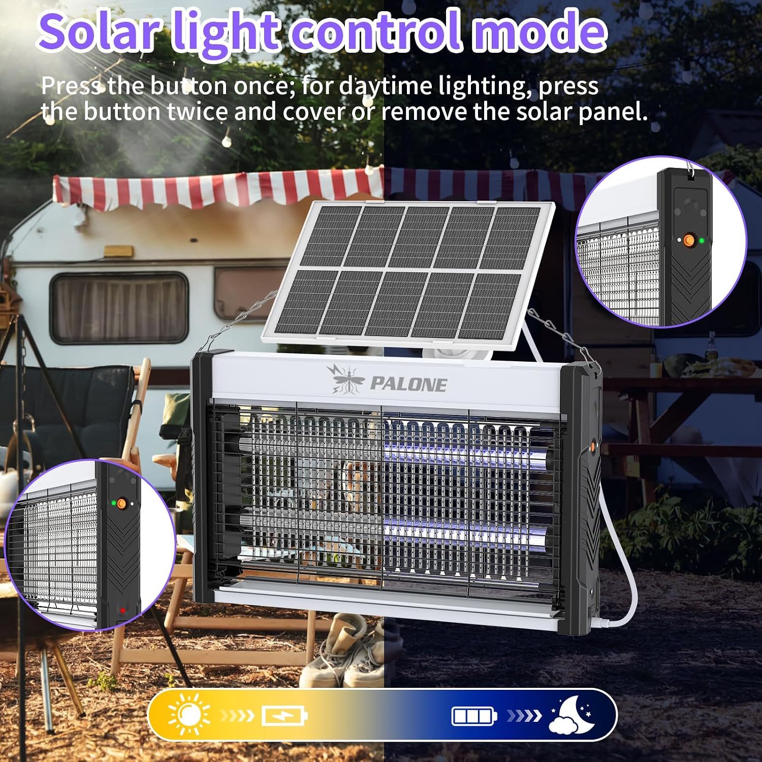Solar Bug Zapper Outdoor, 4500V Rechargeable Electric Bug Zapper, 21 in | Mosquito Zapper with 10ft Cable, 10W Solar Panel, Waterproof Fly Trap Mosquito Trap for Patio Yard Home Kitchen Camping