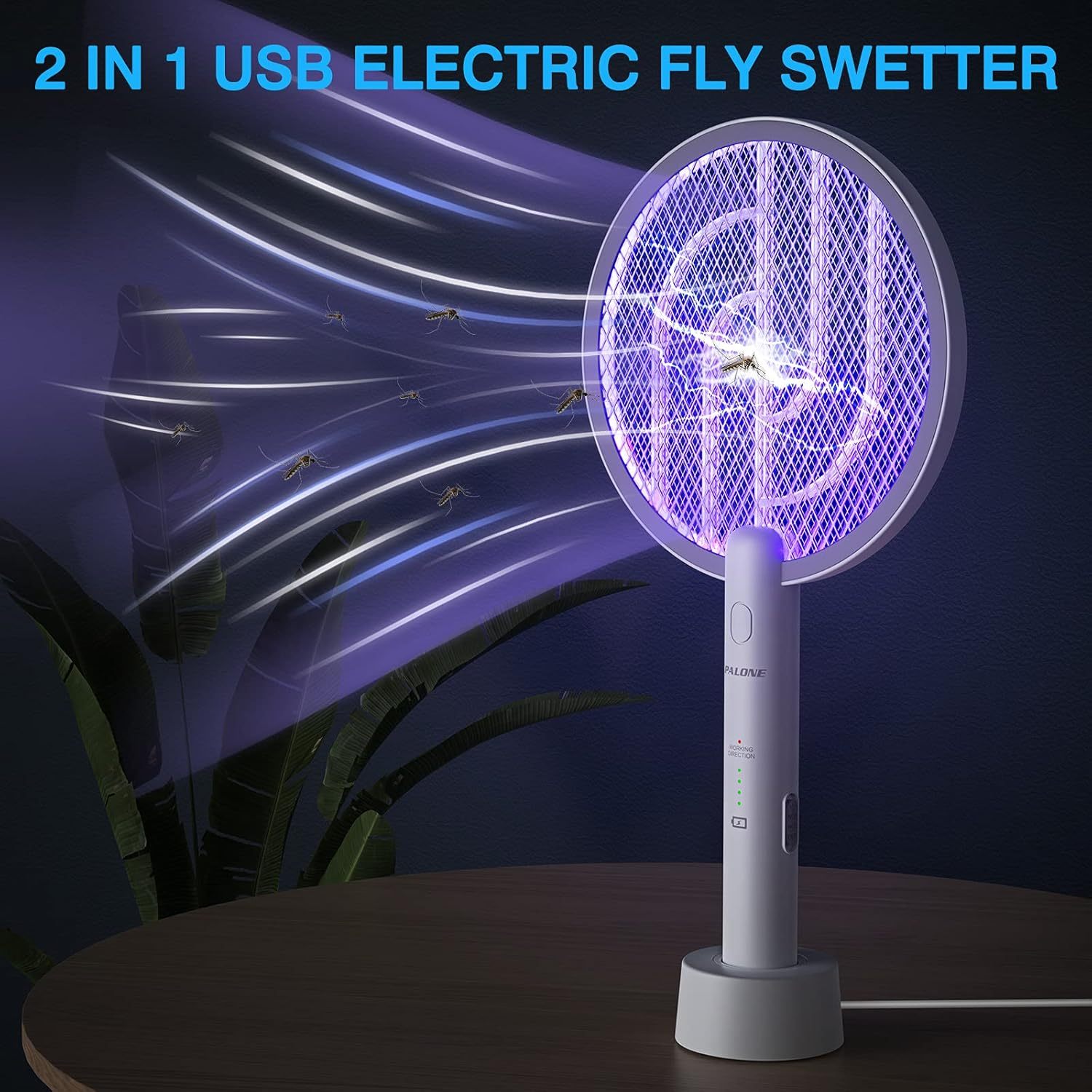 PALONE Electric Fly Swatter Racket, Bug Zapper Racket with Charging Dock | 2 Modes, 3 Layers Safety Mesh, Rechargeable, Fly Zapper Indoor Outdoor for home Camping Yard, White 1P