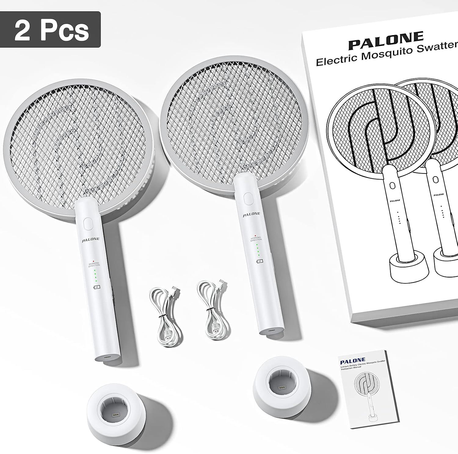PALONE Electric Fly Swatter Racket, Bug Zapper Racket with Charging Dock | 2 Modes, 3 Layers Safety Mesh, Rechargeable, Fly Zapper Indoor Outdoor for home Camping Yard, White 2P