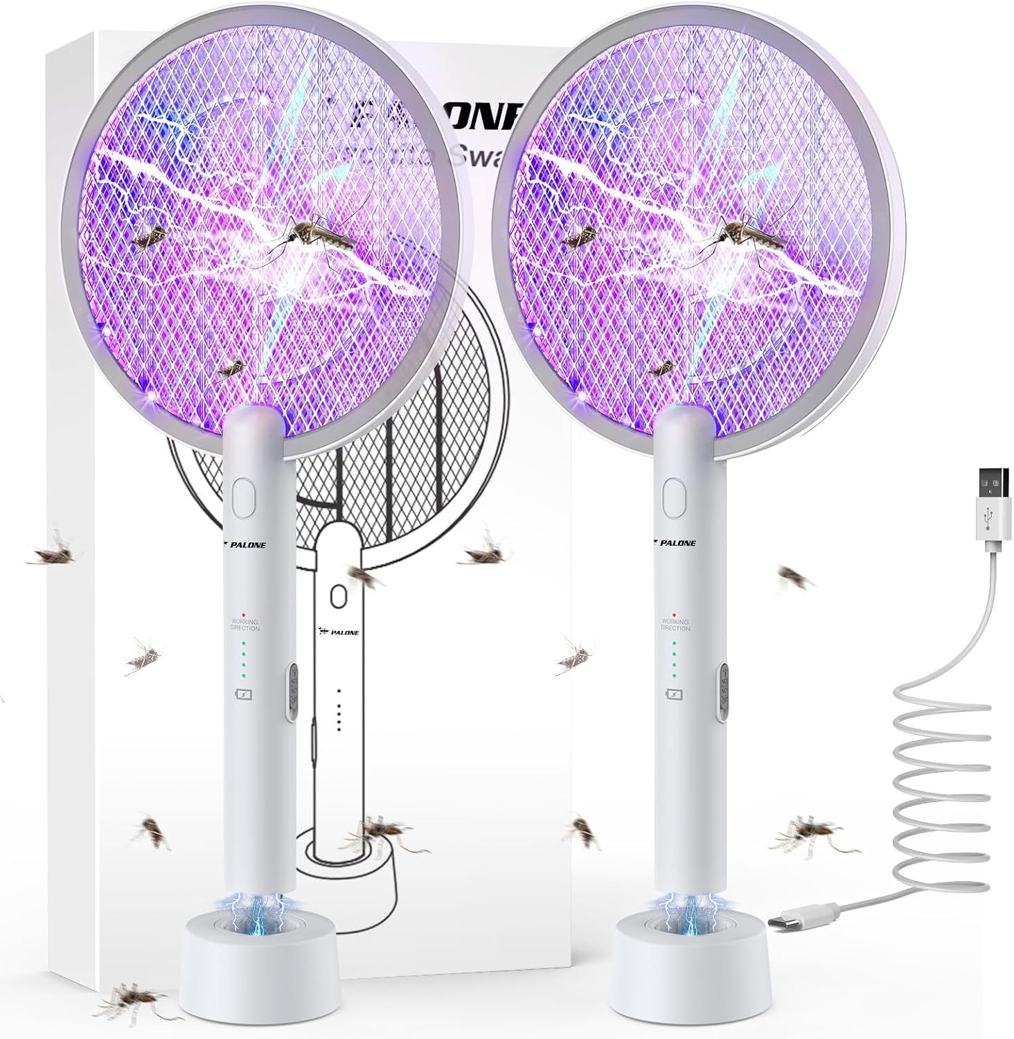 PALONE Electric Fly Swatter Racket, Bug Zapper Racket with Charging Dock | 2 Modes, 3 Layers Safety Mesh, Rechargeable, Fly Zapper Indoor Outdoor for home Camping Yard, White 2P