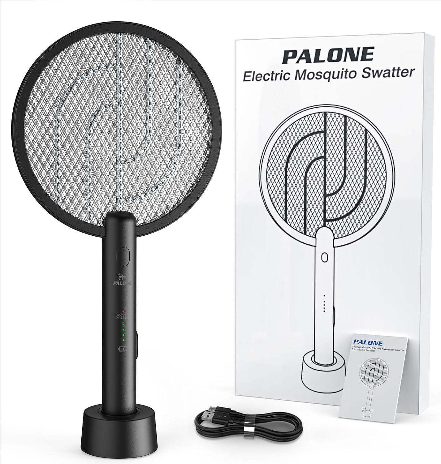 PALONE Electric Fly Swatter Racket, Bug Zapper Racket with Charging Dock (Deep Black, 1 P)