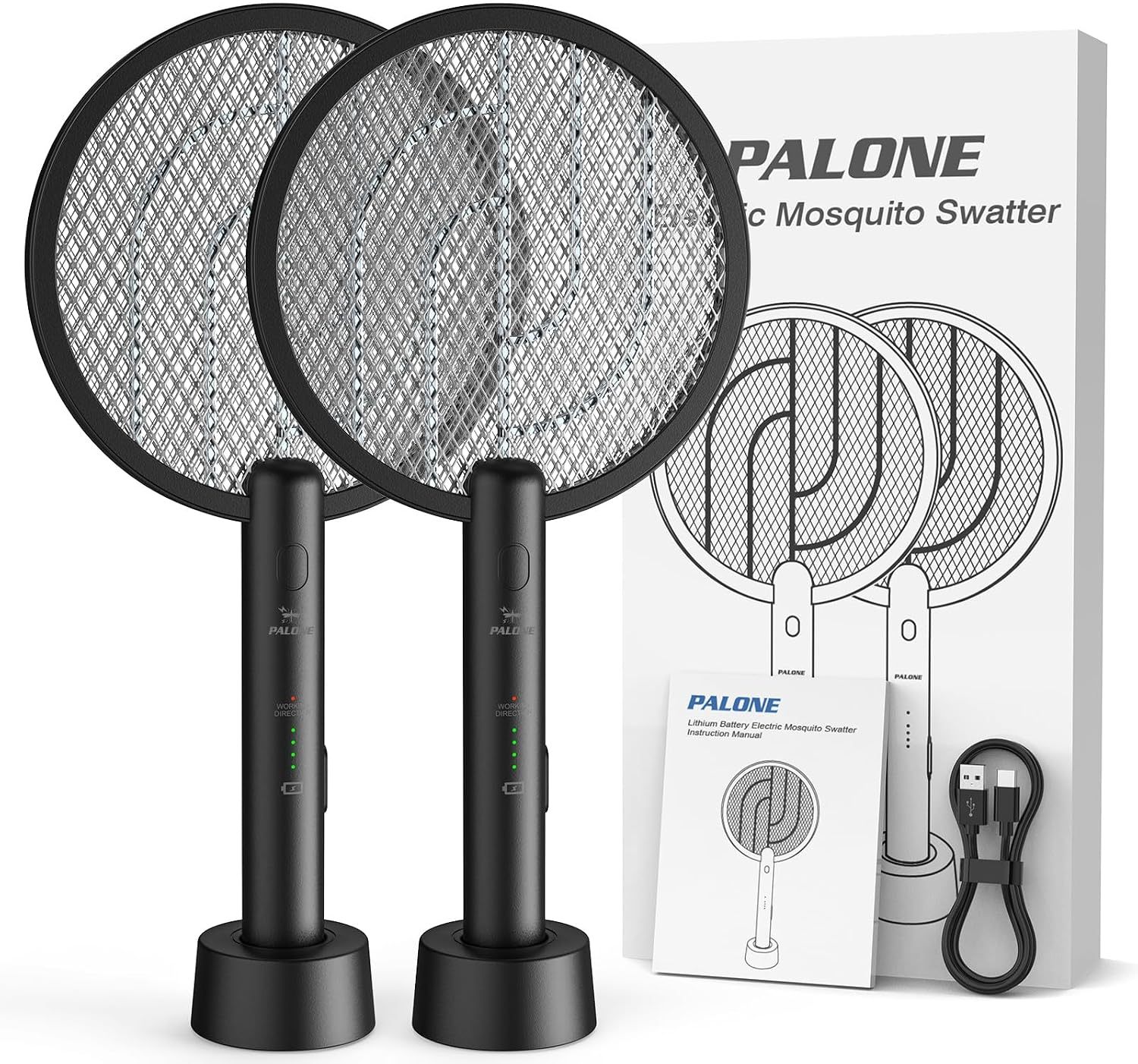 PALONE Electric Fly Swatter Racket, Bug Zapper Racket with Charging Dock | 2 Modes, 3 Layers Safety Mesh, Rechargeable, Fly Zapper Indoor Outdoor for home Camping Yard