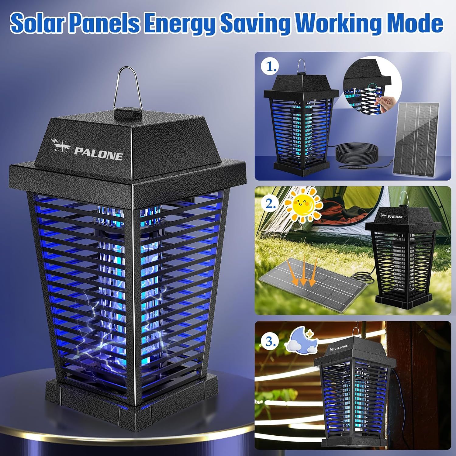 PALONE 4500V Solar Bug Zapper Outdoor, Electric Mosquito Zapper Indoor | 7.5W Solar Panel with 3.6m Cable, 2600 mAh Electric Bug zapper for Backyards, Patios, Camping and Farms