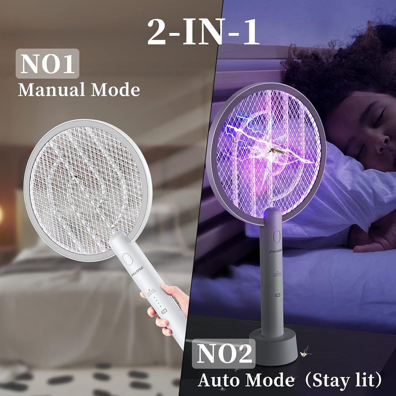 PALONE Electric Fly Swatter Racket, Bug Zapper Racket with Charging Dock | 2 Modes, 3 Layers Safety Mesh, Rechargeable, Fly Zapper Indoor Outdoor for home Camping Yard, White 2P