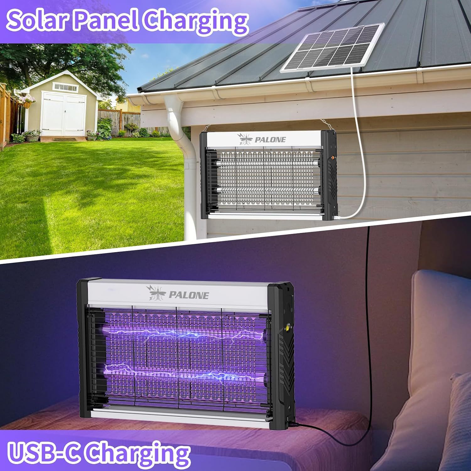 Solar Bug Zapper Outdoor, 4500V Rechargeable Electric Bug Zapper, 21 in | Mosquito Zapper with 10ft Cable, 10W Solar Panel, Waterproof Fly Trap Mosquito Trap for Patio Yard Home Kitchen Camping
