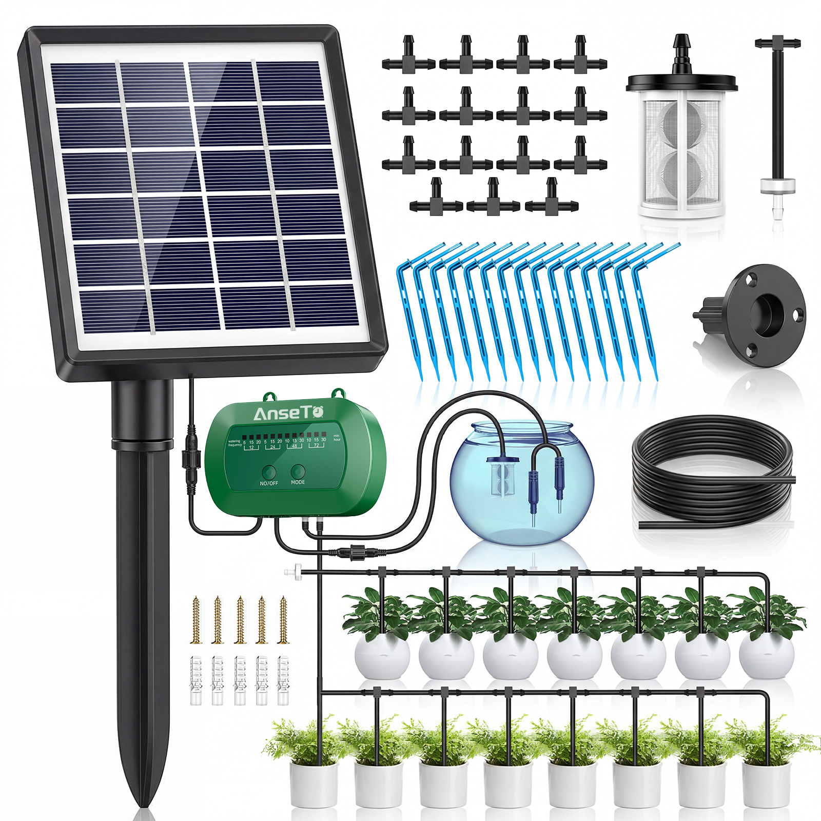 Anseto Solar Drip Irrigation System, Split Automatic Watering for Balcony | AntiSiphon Valve and 12 Modes Garden Faucet Controller with 49ft Hose, Intelligent Plant Hydration Device for 15 Potted Patio