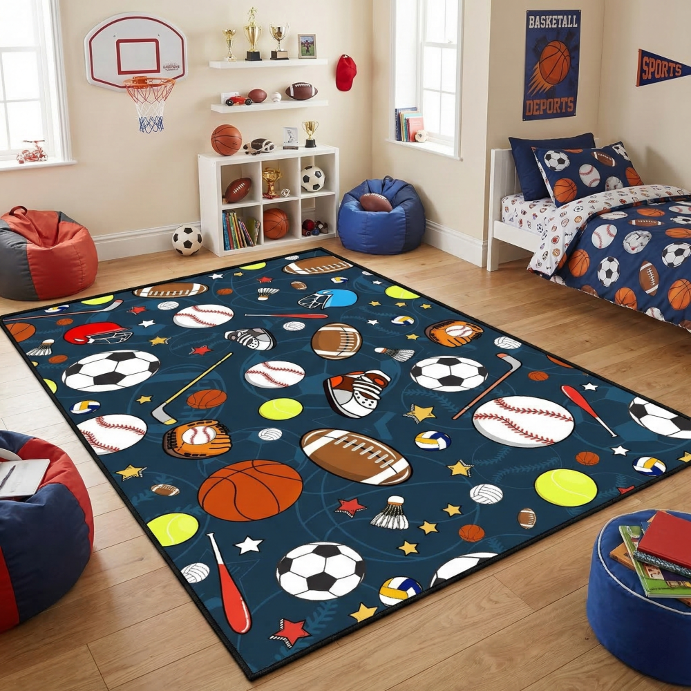Navy Blue Sports Ball Area Rug for Kids Bedroom | CozyLil