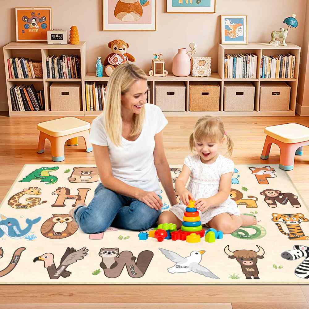 Beige Educational Animal Alphabet Area Rug | CozyLil