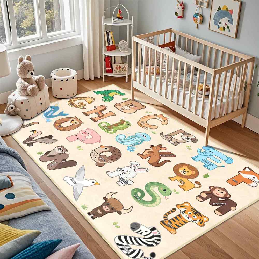 Beige Educational Animal Alphabet Area Rug | CozyLil
