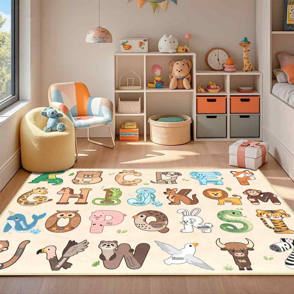 Beige Educational Animal Alphabet Area Rug | CozyLil