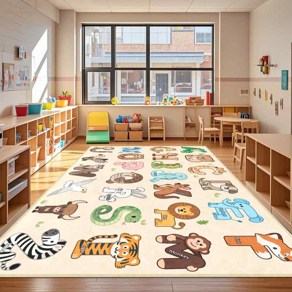 Beige Educational Animal Alphabet Area Rug | CozyLil