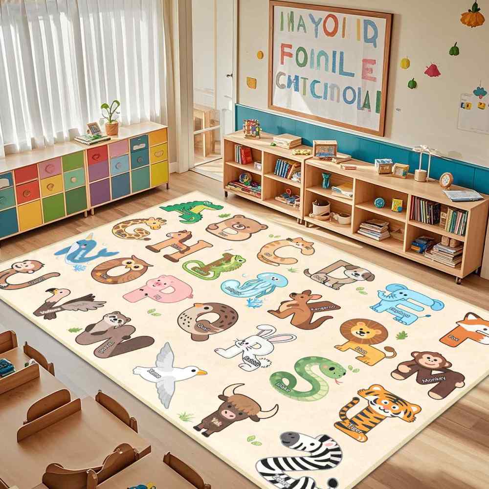 Beige Educational Animal Alphabet Area Rug | CozyLil