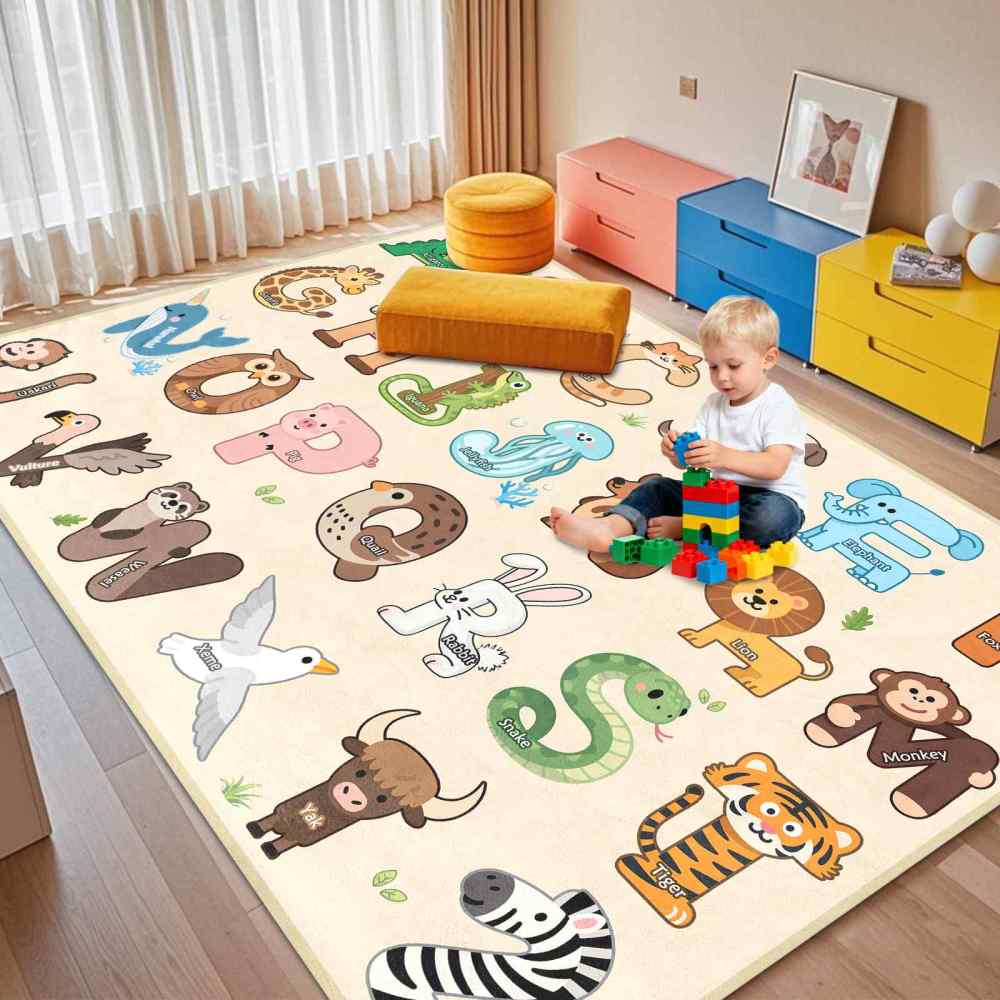 Beige Educational Animal Alphabet Area Rug | CozyLil