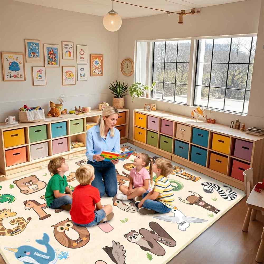 Beige Educational Animal Alphabet Area Rug | CozyLil