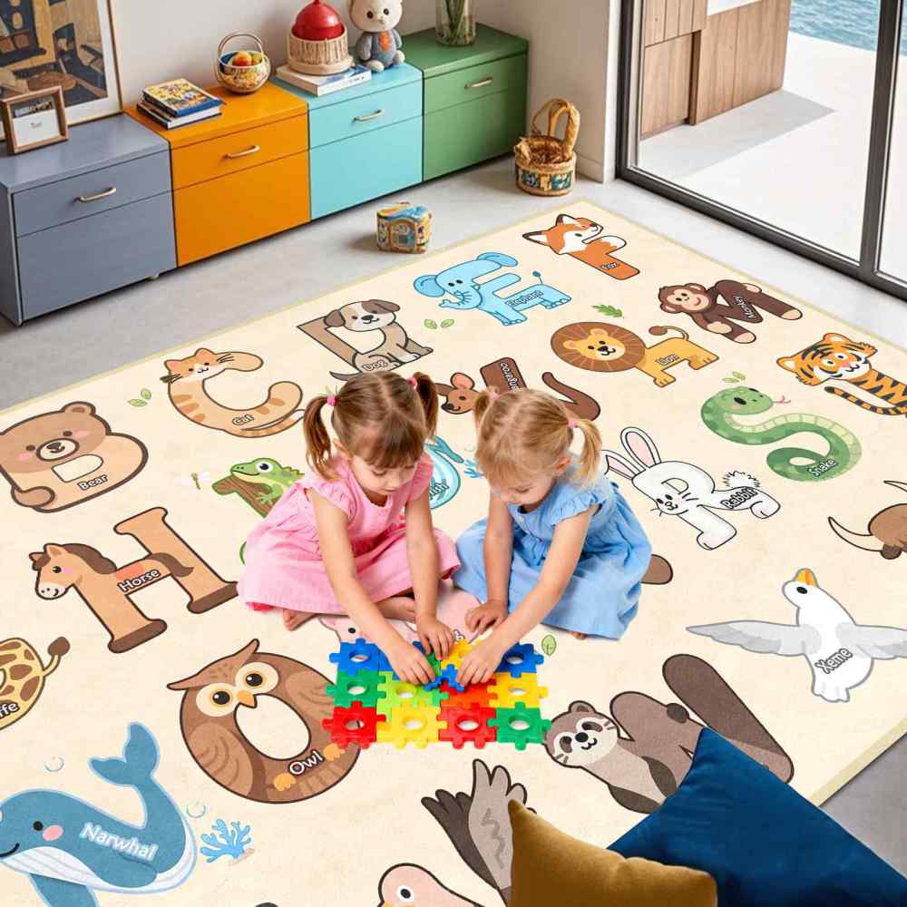 Beige Educational Animal Alphabet Area Rug | CozyLil