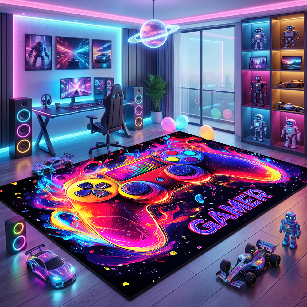 Neon Gamer Controller Area Rug for Boys Room Playroom | CozyLil