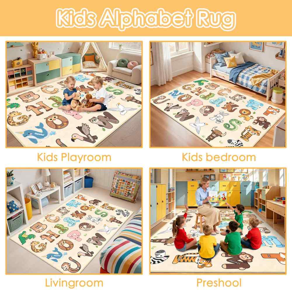 Beige Educational Animal Alphabet Area Rug | CozyLil