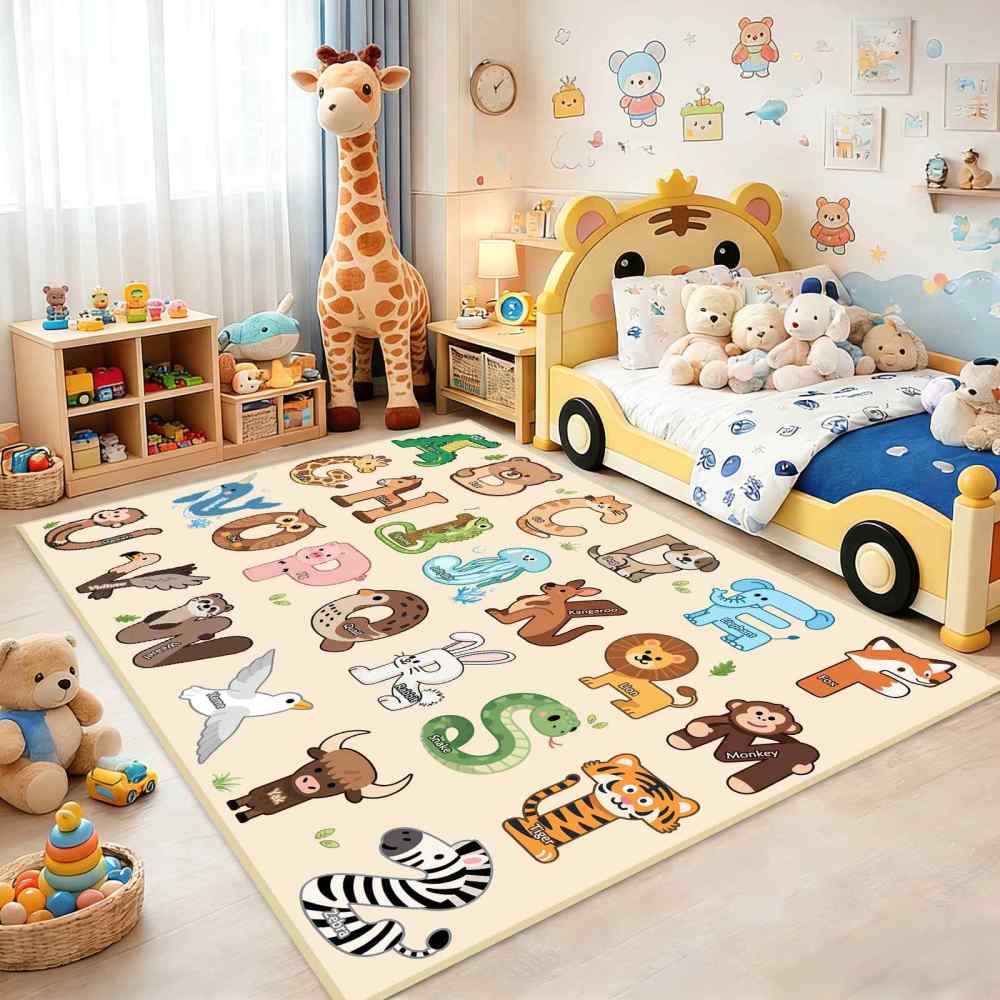 Beige Educational Animal Alphabet Area Rug | CozyLil
