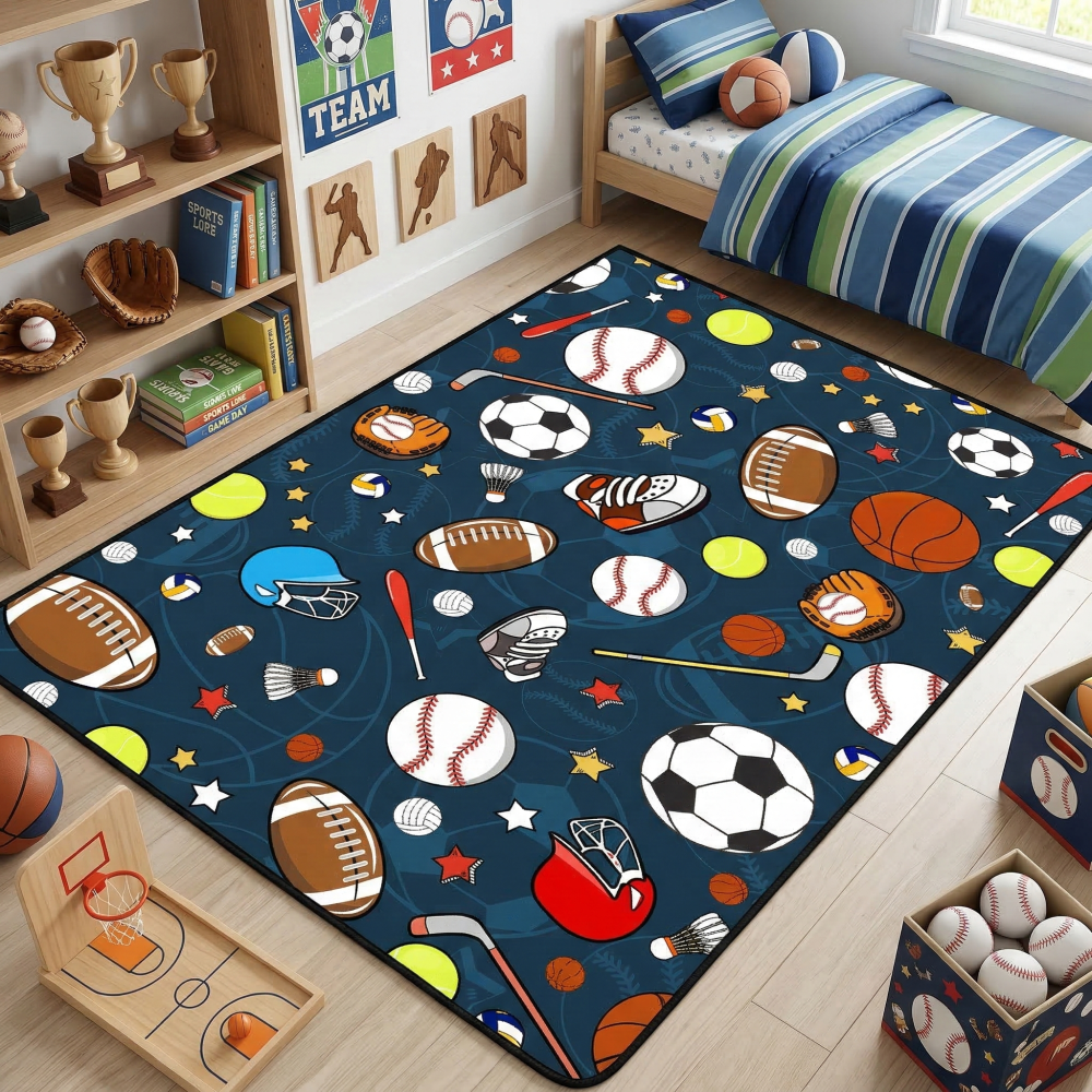Navy Blue Sports Ball Area Rug for Kids Bedroom | CozyLil