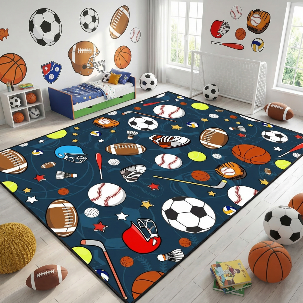 Navy Blue Sports Ball Area Rug for Kids Bedroom | CozyLil
