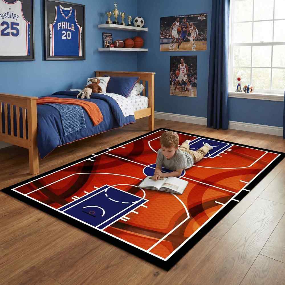 Basketball Court Sport Area Rug for Boys Room Play Mat | CozyLil