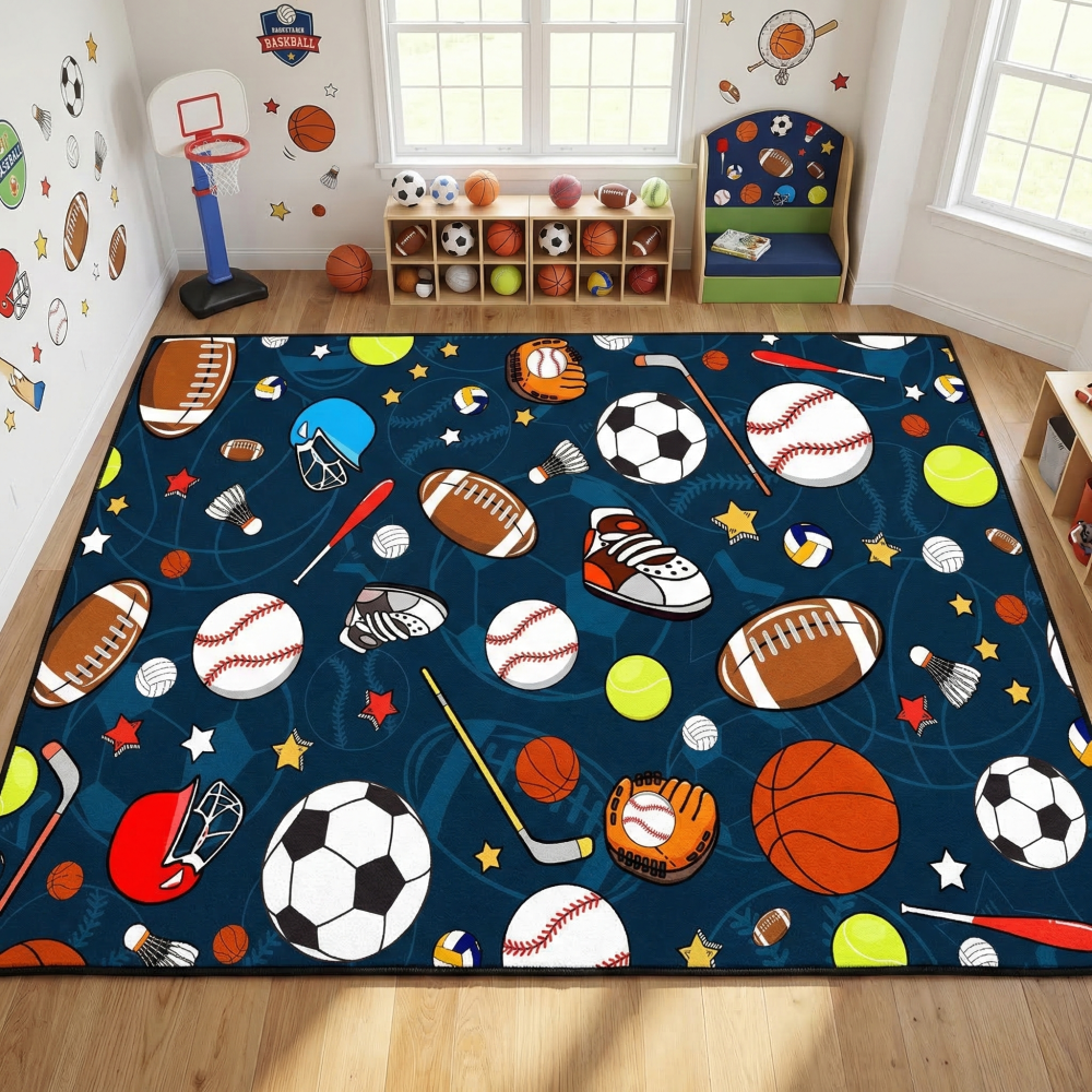Navy Blue Sports Ball Area Rug for Kids Bedroom | CozyLil