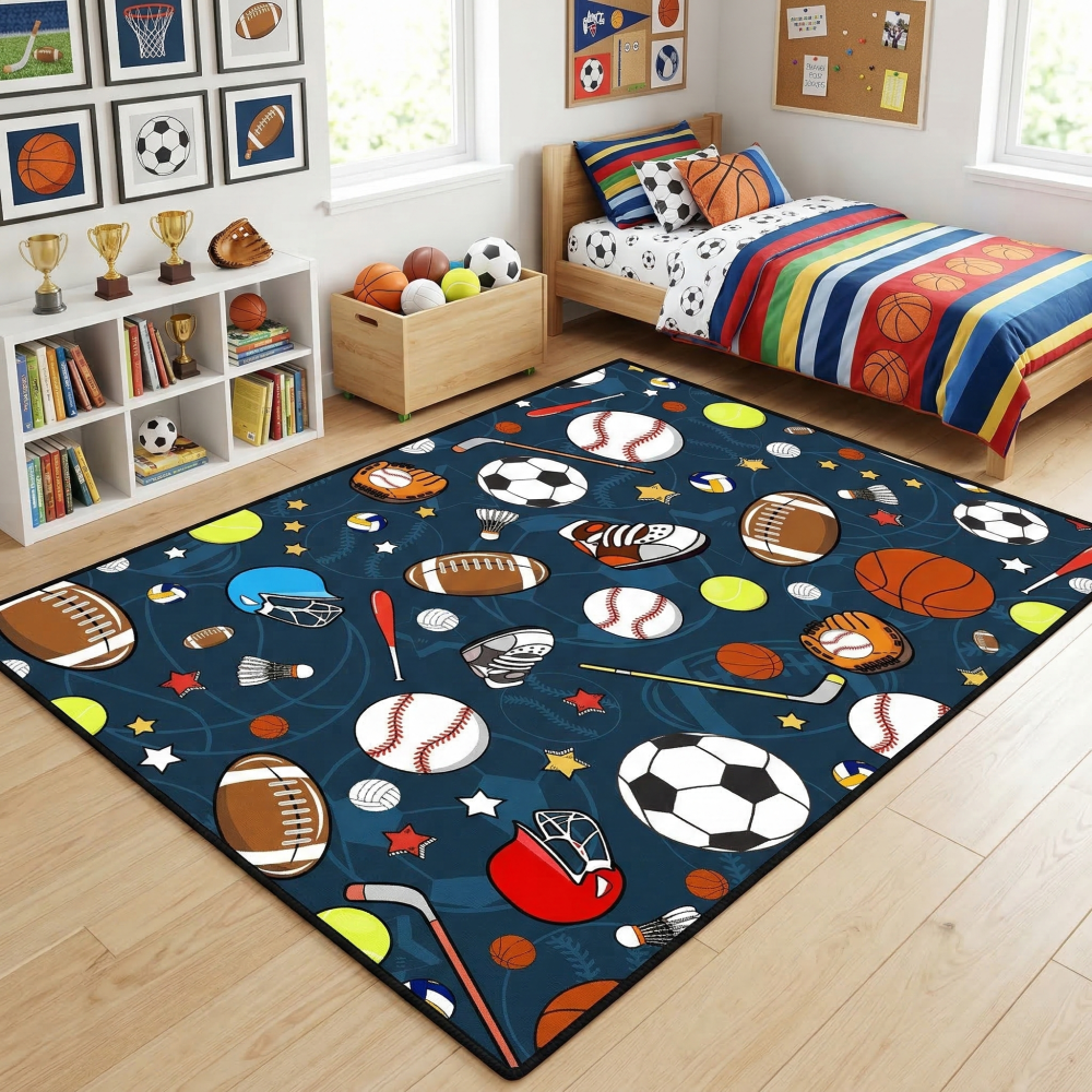 Navy Blue Sports Ball Area Rug for Kids Bedroom | CozyLil