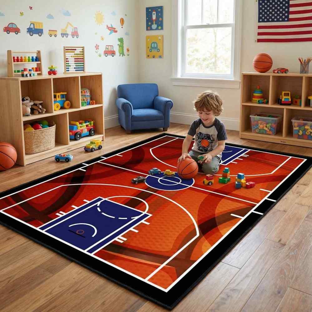 Basketball Court Sport Area Rug for Boys Room Play Mat | CozyLil