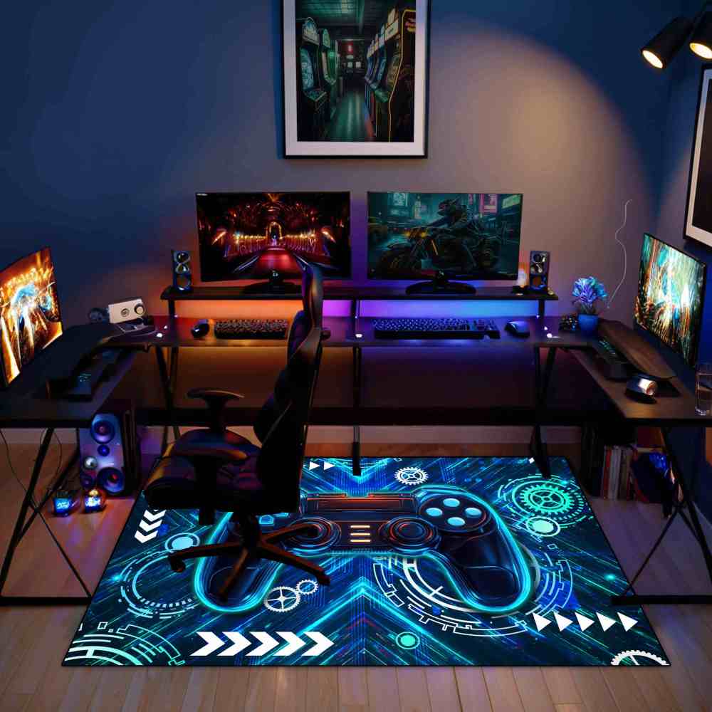 Neon Blue Gamer Controller Kids Rug for Boys Room | CozyLil