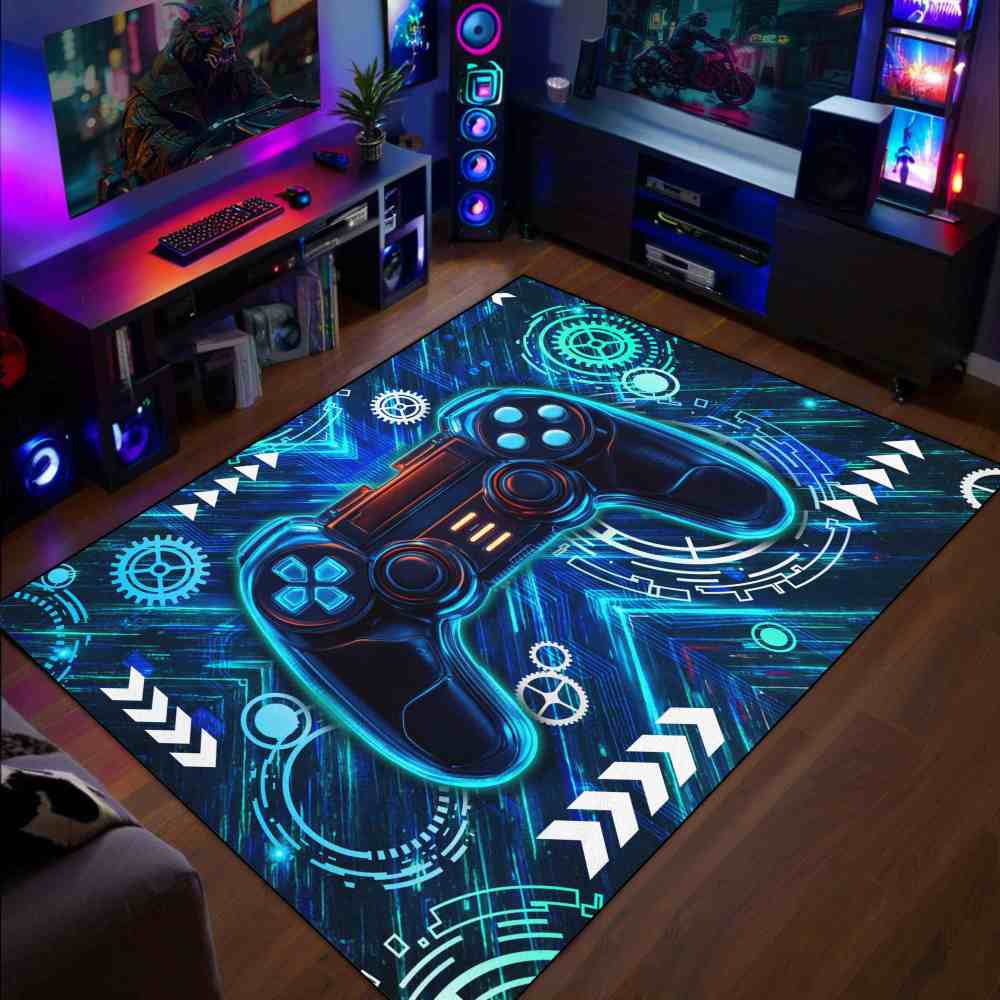 Neon Blue Gamer Controller Kids Rug for Boys Room | CozyLil