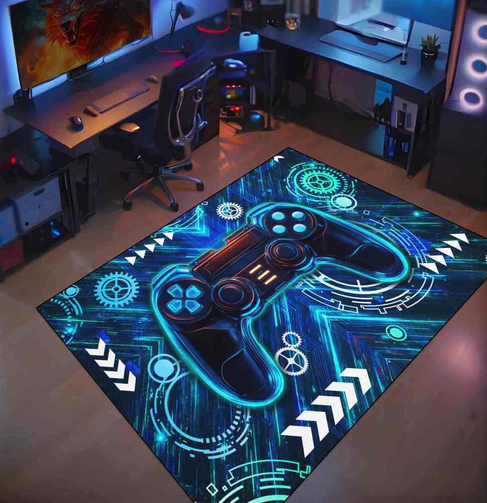 Neon Blue Gamer Controller Kids Rug for Boys Room | CozyLil
