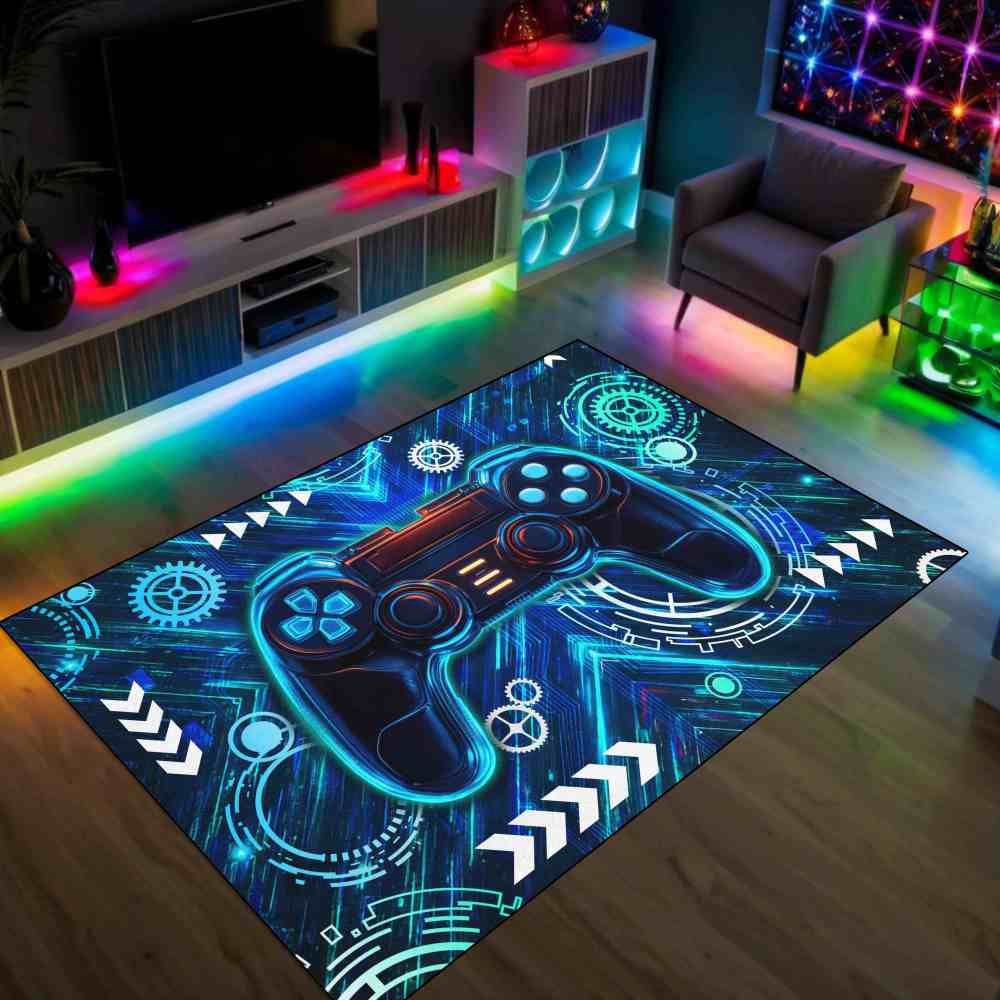 Neon Blue Gamer Controller Kids Rug for Boys Room | CozyLil