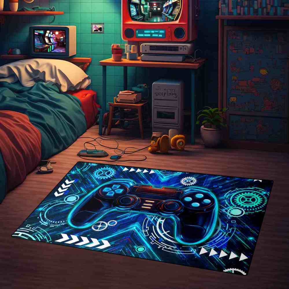Neon Blue Gamer Controller Kids Rug for Boys Room | CozyLil
