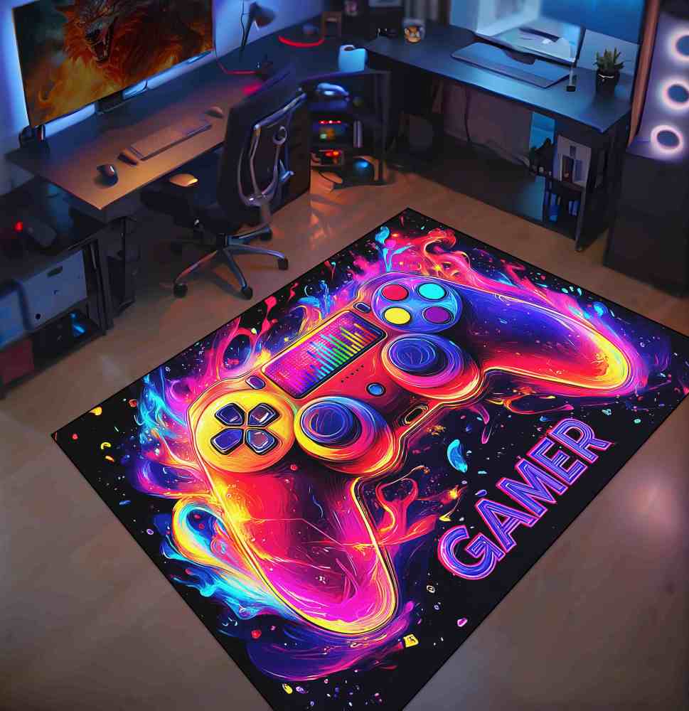 Neon Gamer Controller Area Rug for Boys Room Playroom | CozyLil