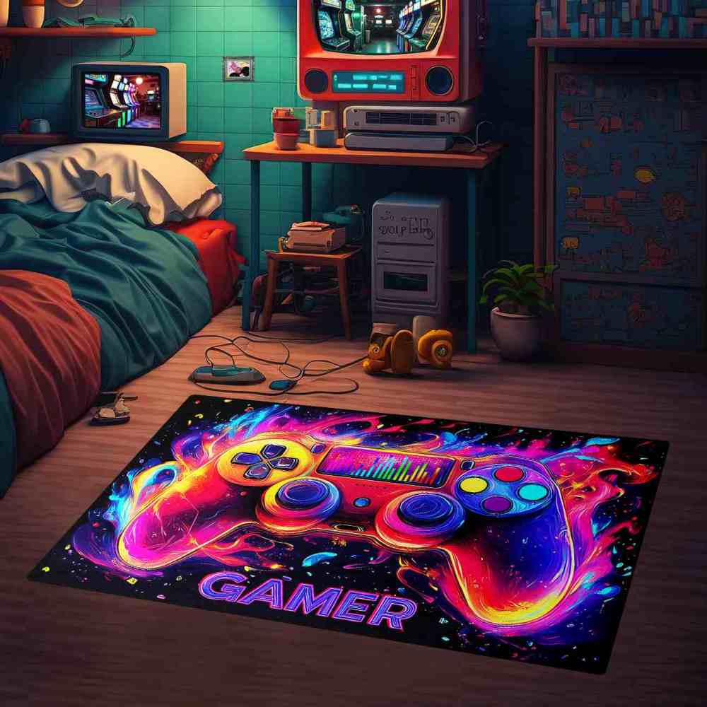 Neon Gamer Controller Area Rug for Boys Room Playroom | CozyLil