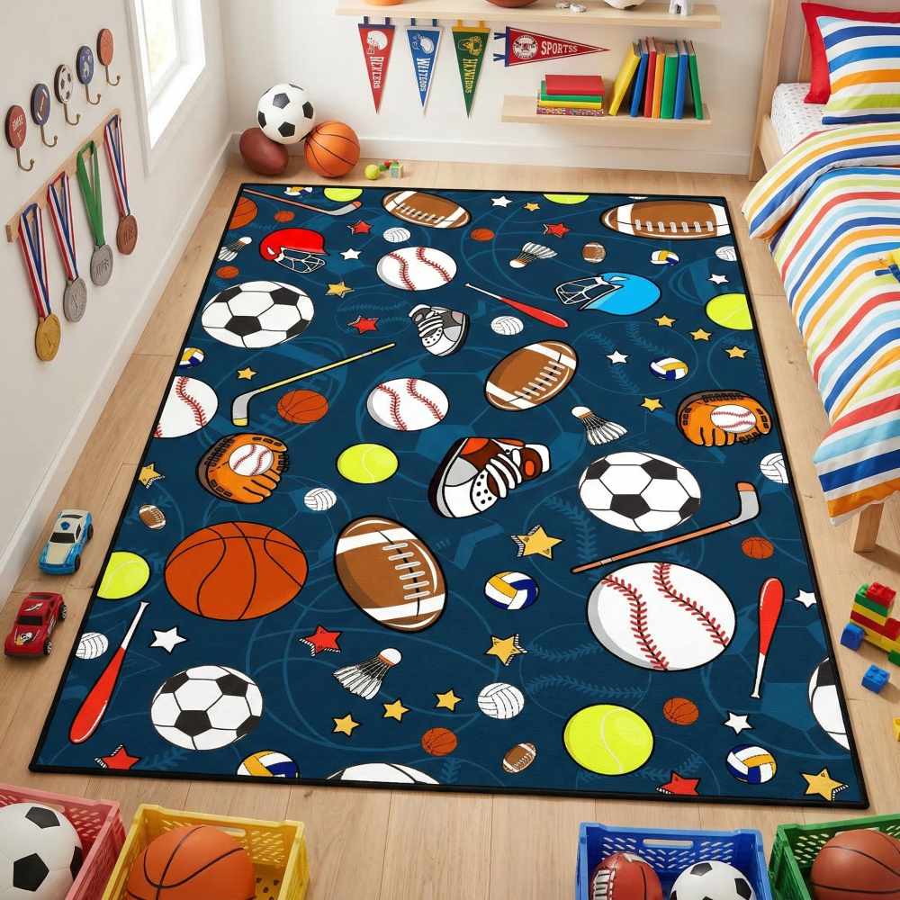 Navy Blue Sports Ball Area Rug for Kids Bedroom | CozyLil
