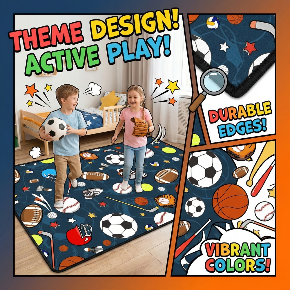 Navy Blue Sports Ball Area Rug for Kids Bedroom | CozyLil